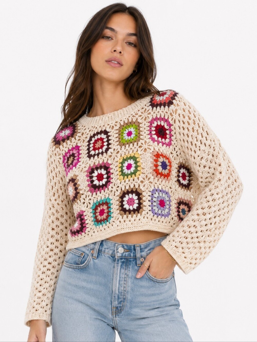 Debut ($125) Crochet Granny Square Sweater Boho Cropped Boxy Knit Pullover